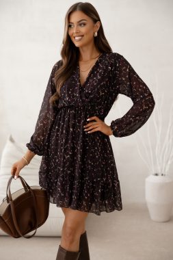 Rochie ciocolatie cu imprimeu abstract, decolteu petrecut si captuseala