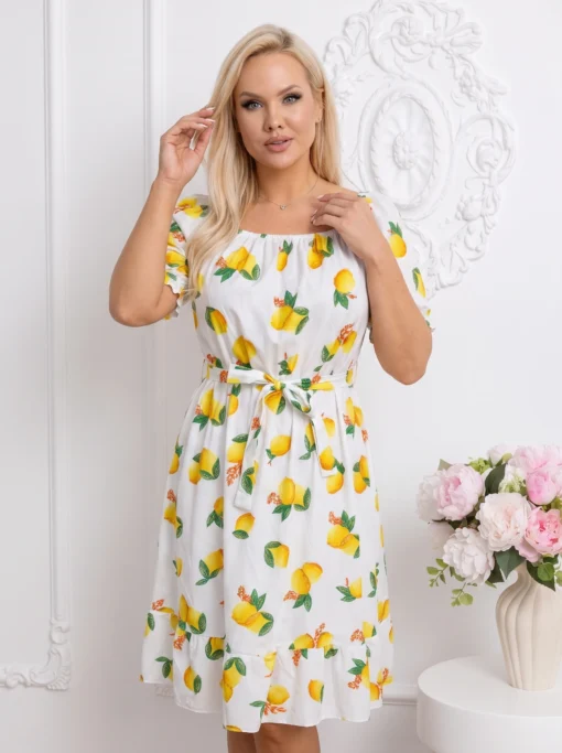 rochie-de-vara-alba-cu-imprimeu-lamai-si-cordon-in-talie