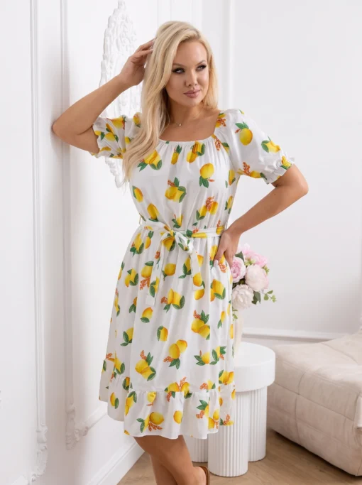 rochie-de-vara-alba-cu-imprimeu-lamai-si-cordon-in-talie