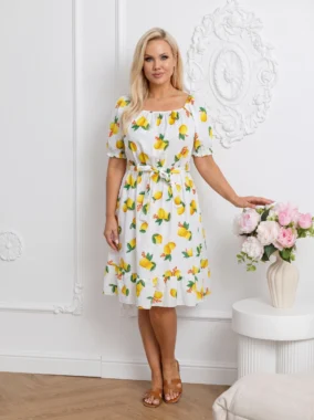 Rochie de vara alba cu imprimeu lamai si cordon in talie