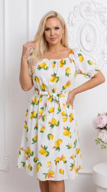rochie-de-vara-alba-cu-imprimeu-lamai-si-cordon-in-talie