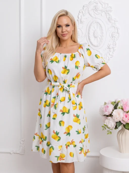 rochie-de-vara-alba-cu-imprimeu-lamai-si-cordon-in-talie