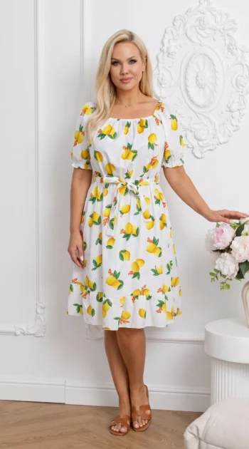 rochie-de-vara-alba-cu-imprimeu-lamai-si-cordon-in-talie