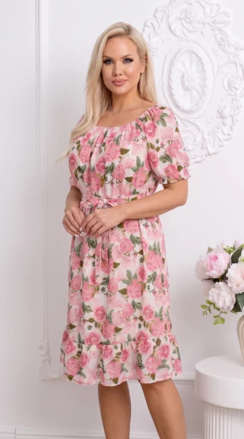 rochie-de-vara-alba-cu-imprimeu-trandafiri-roz-si-cordon-in-talie