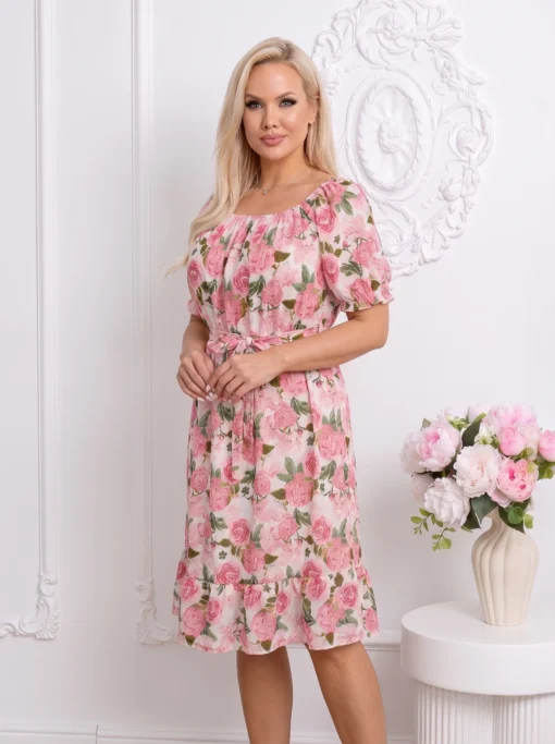 rochie-de-vara-alba-cu-imprimeu-trandafiri-roz-si-cordon-in-talie