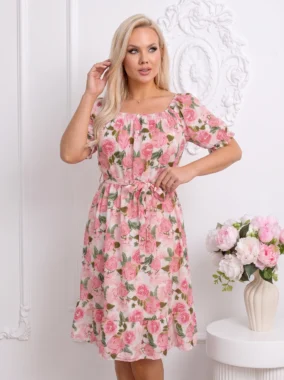 Rochie de vara alba cu imprimeu trandafiri roz si cordon in talie