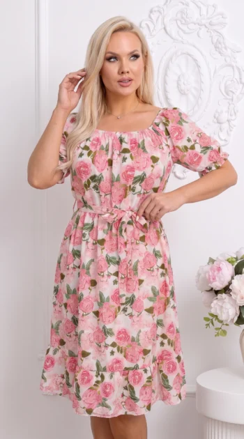 rochie-de-vara-alba-cu-imprimeu-trandafiri-roz-si-cordon-in-talie