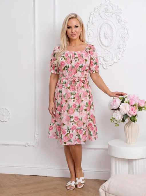 rochie-de-vara-alba-cu-imprimeu-trandafiri-roz-si-cordon-in-talie