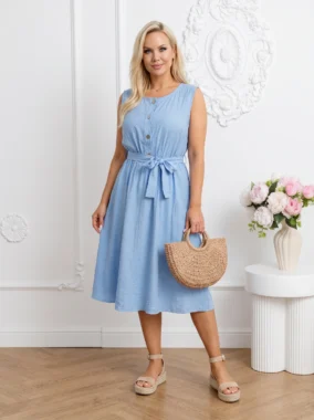 Rochie de vara din vascoza bleu midi cu cordon si nasturi