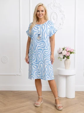 Rochie de vara lejera cu imprimeu abstract alb si albastru