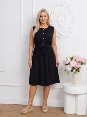 Rochie de vara neagra din vascoza cu cordon si nasturi