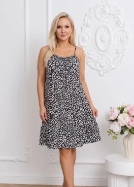 Rochie de vara scurta cu bretele si imprimeu alb-negru