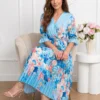 rochie-eleganta-albastra-plisata-cu-imprimeu-floral