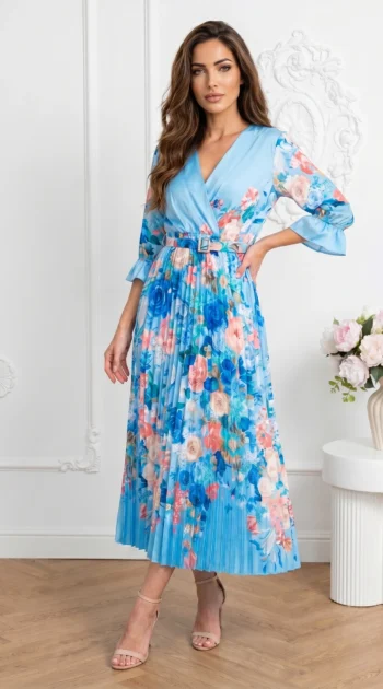 rochie-eleganta-albastra-plisata-cu-imprimeu-floral