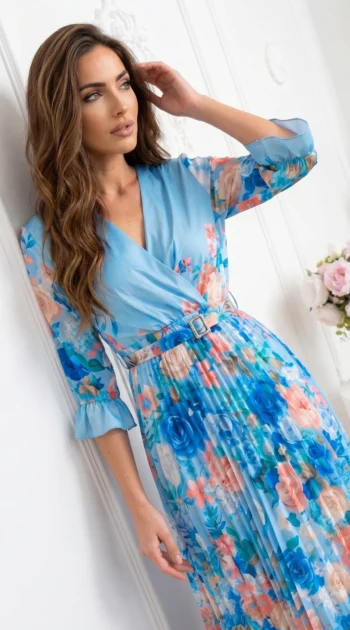 rochie-eleganta-albastra-plisata-cu-imprimeu-floral