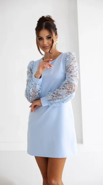 rochie-eleganta-bleu-cu-maneci-din-dantela