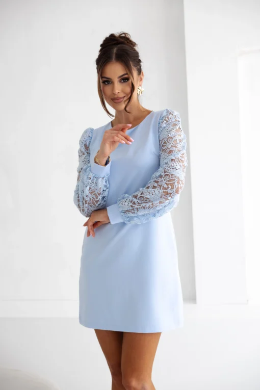 rochie-eleganta-bleu-cu-maneci-din-dantela