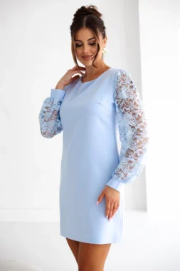 Rochie eleganta bleu cu maneci din dantela