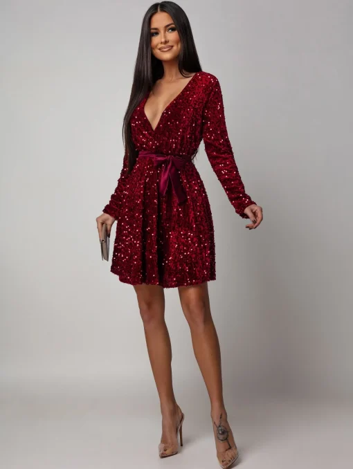 rochie-eleganta-bordo-scurta-cu-paiete-si-cordon-satinat