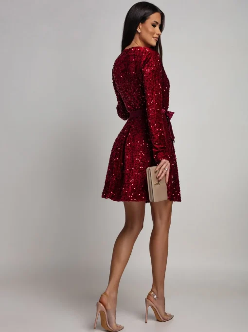 rochie-eleganta-bordo-scurta-cu-paiete-si-cordon-satinat