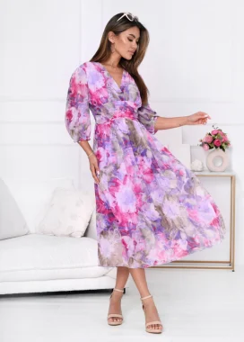 Rochie eleganta cu imprimeu floral in tonuri de roz si mov