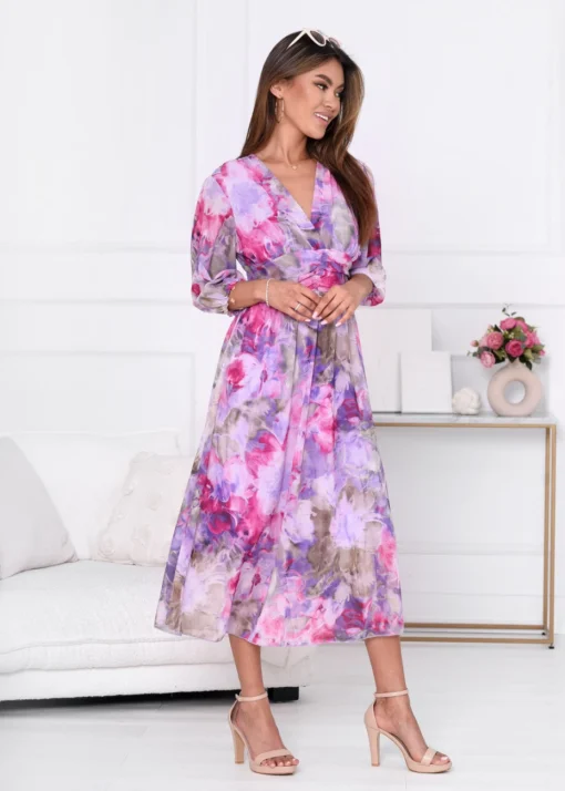 rochie-eleganta-cu-imprimeu-floral-in-tonuri-de-roz-si-mov