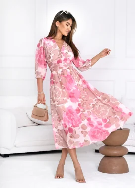 Rochie eleganta cu imprimeu floral roz pastelat