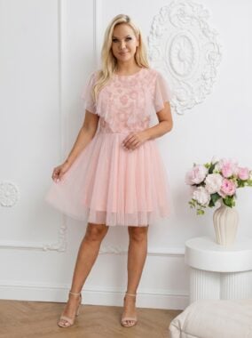 Rochie eleganta de ocazie din tull roz pal cu broderie florala