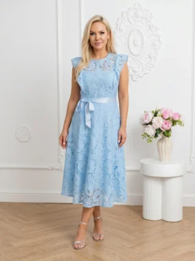 Rochie eleganta din dantelă bleu cu cordon în talie