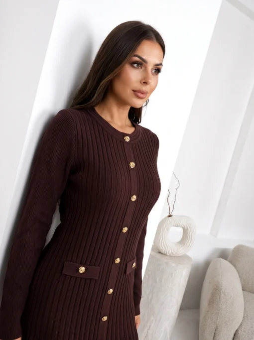 rochie-eleganta-din-tricot-striat-cu-nasturi-aurii