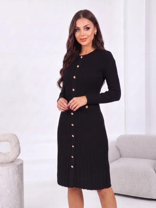 rochie-eleganta-din-tricot-striat-cu-nasturi-aurii
