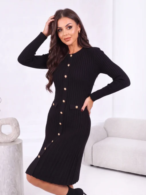 rochie-eleganta-din-tricot-striat-cu-nasturi-aurii