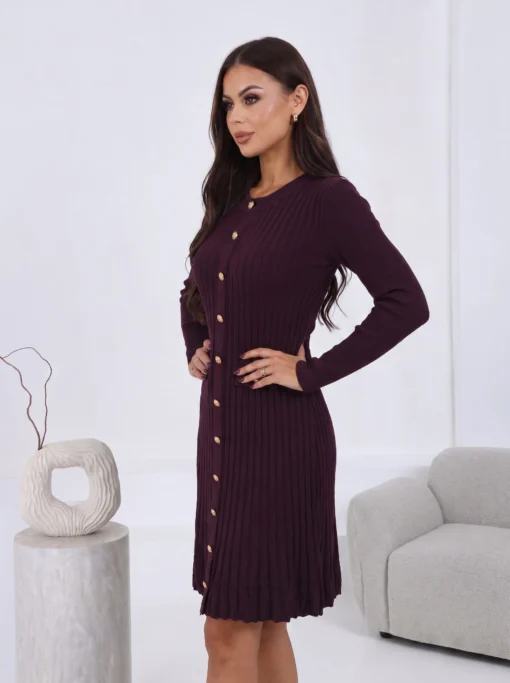 rochie-eleganta-din-tricot-striat-cu-nasturi-aurii