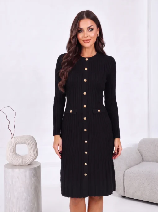 rochie-eleganta-din-tricot-striat-cu-nasturi-aurii