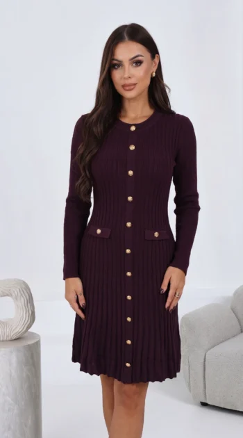 rochie-eleganta-din-tricot-striat-cu-nasturi-aurii