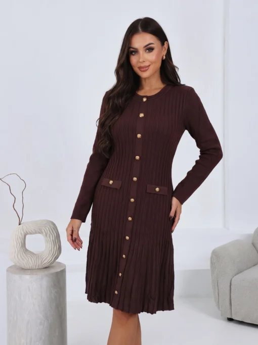 rochie-eleganta-din-tricot-striat-cu-nasturi-aurii