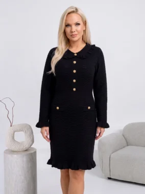 Rochie eleganta din tricot texturat cu volanase si nasturi aurii