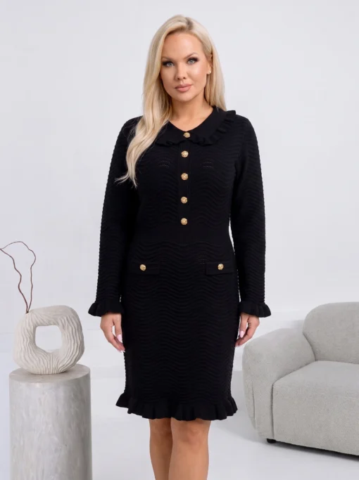rochie-eleganta-din-tricot-texturat-cu-volanase-si-nasturi-aurii