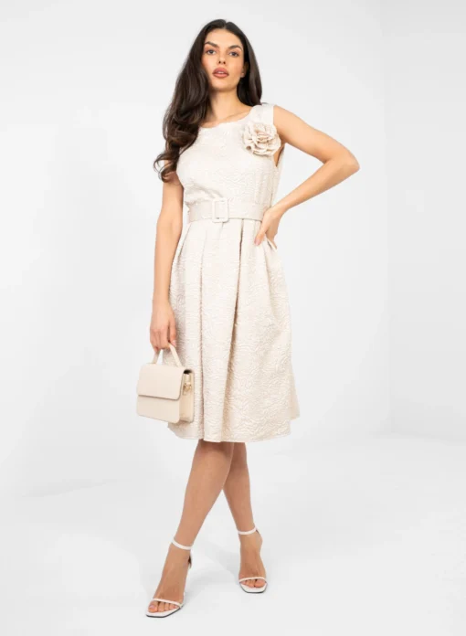 rochie-eleganta-midi-bej-cu-textura-satinata-si-detalii-florale