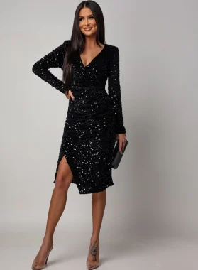 Rochie eleganta midi neagra cu paiete si crapatura laterala