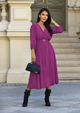 Rochie eleganta mov cu decolteu petrecut si curea in talie