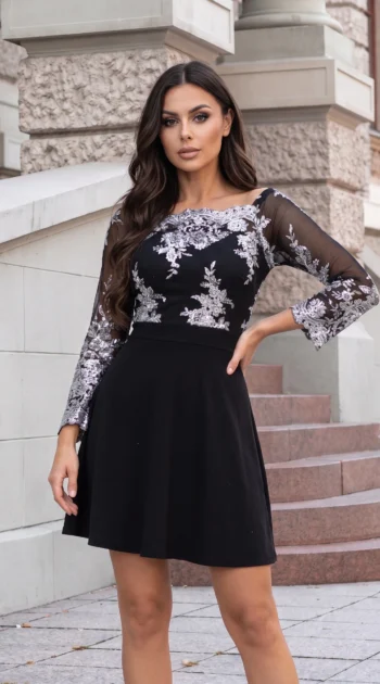 rochie-eleganta-neagra-cu-aplicatii-argintii-si-maneci-din-tull