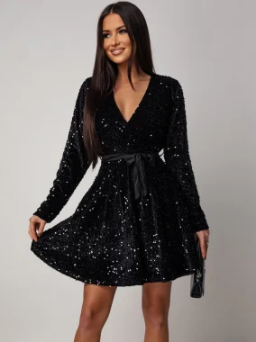 Rochie eleganta neagra scurta cu paiete si cordon satinat