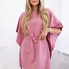 rochie-eleganta-roz-pudrat-cu-maneci-largi-si-cordon