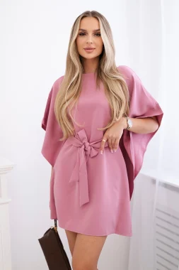 Rochie eleganta roz pudrat cu maneci largi si cordon