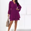 rochie-eleganta-scurta-mov-cu-decolteu-petrecut-maneci-lungi-si-volane
