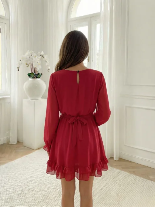 rochie-eleganta-scurta-rosie-cu-volane-si-curea-in-talie