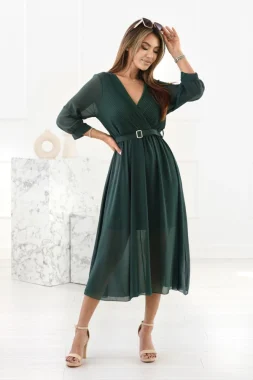 Rochie eleganta verde cu decolteu petrecut si curea in talie
