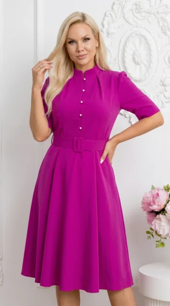 rochie-fucsia-eleganta-cu-nasturi-si-curea-in-talie