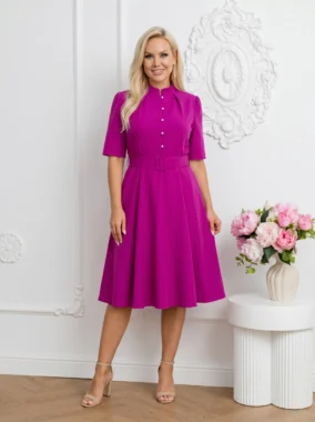 Rochie fucsia eleganta cu nasturi si curea in talie